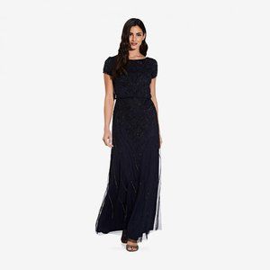 Adrianna Papell Long Beaded Blouson Gown - Midnight Blue/Black